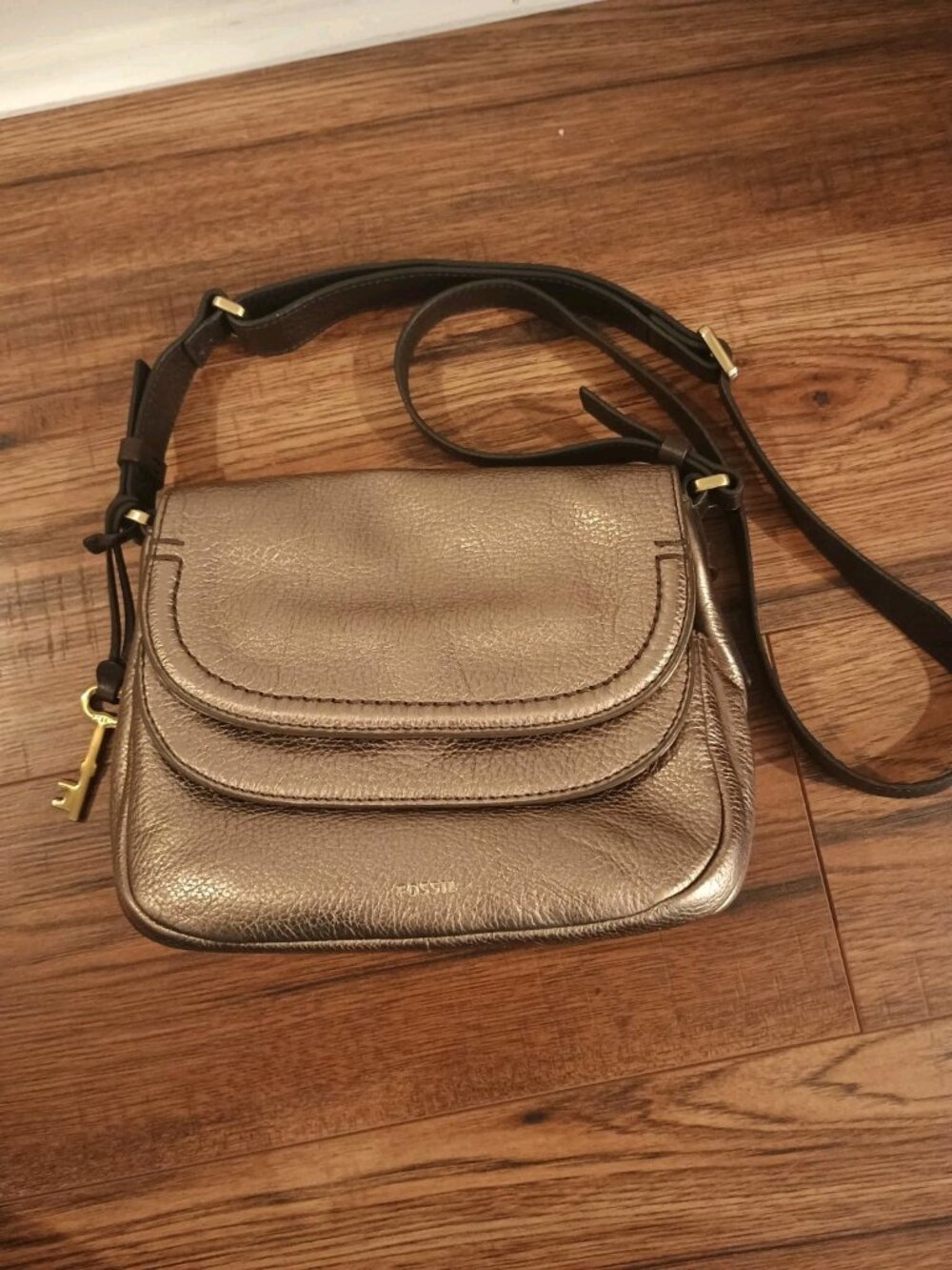 Fossil Peyton Leather Metallic Bronze Brown Crossbody Purse Double Flap